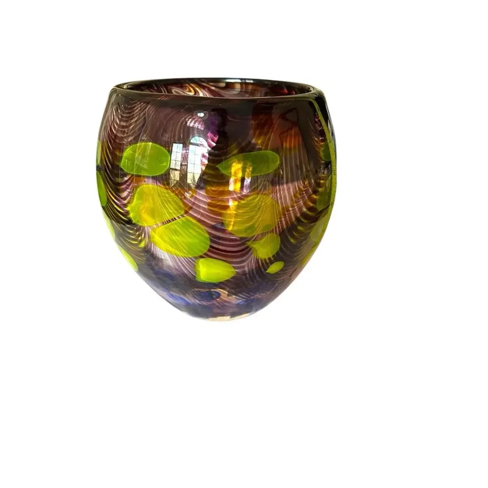 Heavy Handmade Art Glass Vase Green Dots Purple Swirls & Yellow 7.5” x 7”